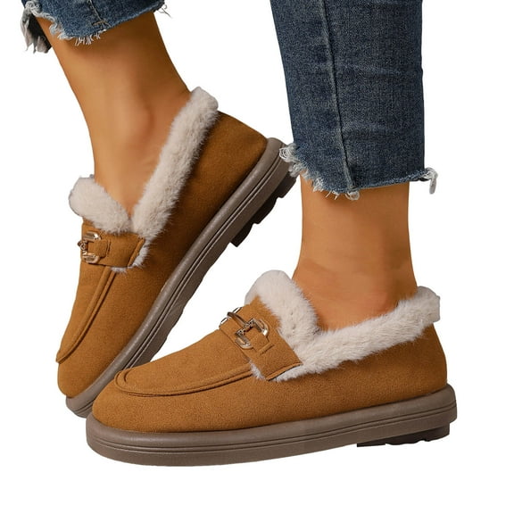 Womens Winter Loafers Comfy Soft Sole Furry Lined Warm Winter Trendy Metal Chain Slip on Flat Walking Shoes Khaki Size 6.5