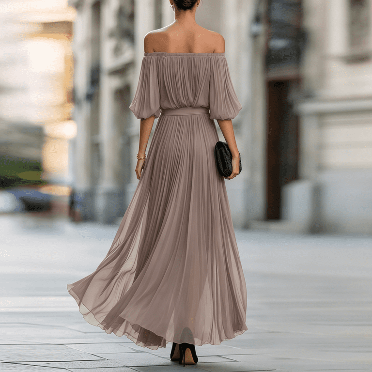 Women's Off The Shoulder Maxi Dress, Sexy Pleated Chiffon Evening Gown with High Slit, Elegant Puff Sleeve Formal Party Dress