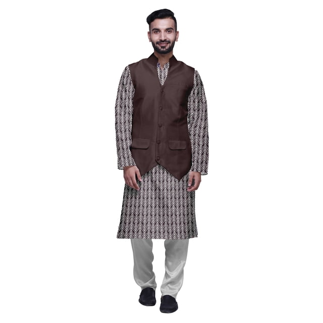 Atasi Ensemble de Pyjama Kurta Churidar Imprimé Traditionnel avec Veste Nehru pour Hommes