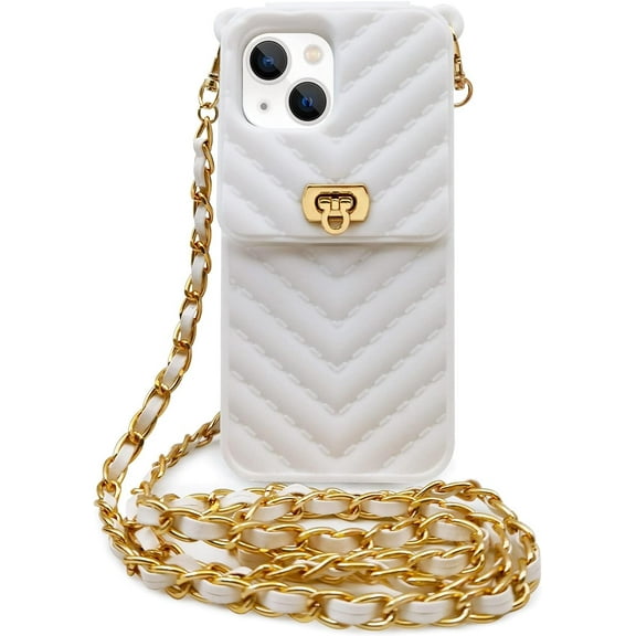 Crossbody iPhone 13 Wallet Case with Neck Strap Lanyard Credit Card Holder Purse Handbag Case for Women Girls Silicone Rubber Soft Protection Cover for iPhone 13 White