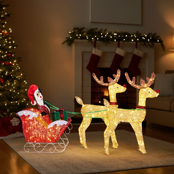 Lighted Christmas Reindeer & Sleigh Set, 270 Warm White LEDs, Collapsible Design for Indoor, Outdoor Home, Yard Decor