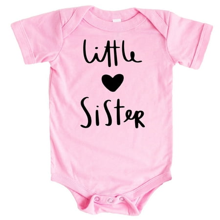 

Olive Loves Apple Little Sister with Heart Bodysuit for Baby Girls Sister Sibling Outfits Black on Pink Bodysuit Newborn