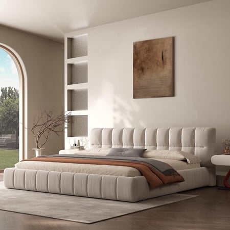 King Size Modern Cloud Platform Bed with 38.5-inch High Extra-Thick Soft Headboard, Includes Footboard, Block Design, Cream Upholstery, Grounded Floor Bed Frame, for Bedroom, Apartment Room