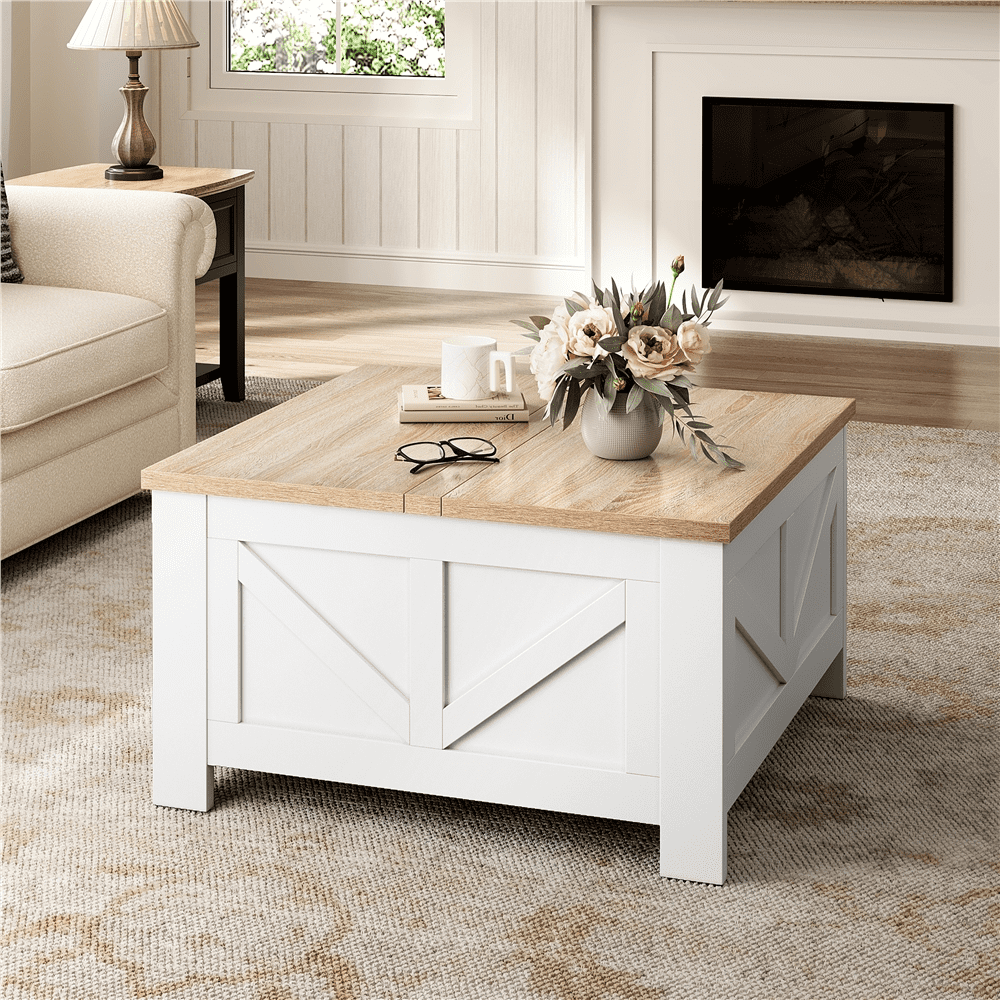 Alden Design Farmhouse Square Lift Top Coffee Table with Hidden Compartments, White & Light Oak
