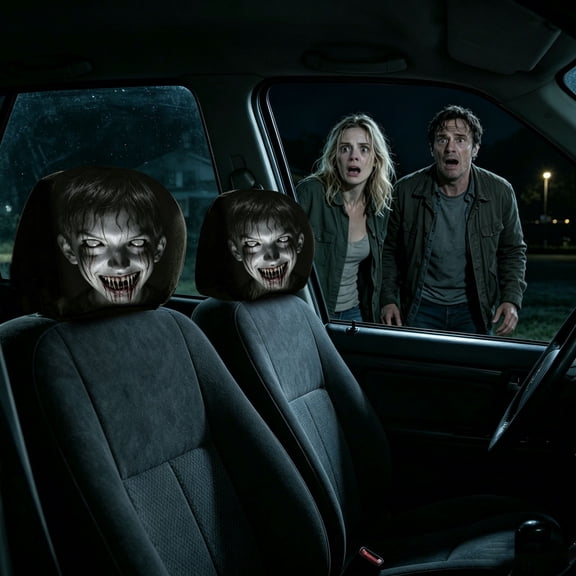 Scary Face Car Headrest Cover – Universal Elastic Seat Protector with Glowing Eyes – Halloween Auto Interior Decor for Vehicle Truck