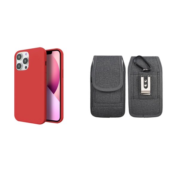 Slim Silicone Case and Belt Holster Pouch for iPhone 14 Pro Max (Red/Gray)