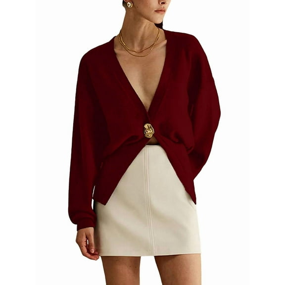 Womens Cardigan Sweater Deep V Neck Long Sleeve Button Crochet Knit Short Fall Sweaters Trendy Wine Red S