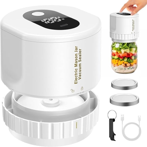 Mason Jar Vacuum Sealer Kit, 80kPa Electric Vacuum Sealer with Auto Stop, Wide & Regular Mouth Lids, Can Opener & Stickers for Food Storage, White