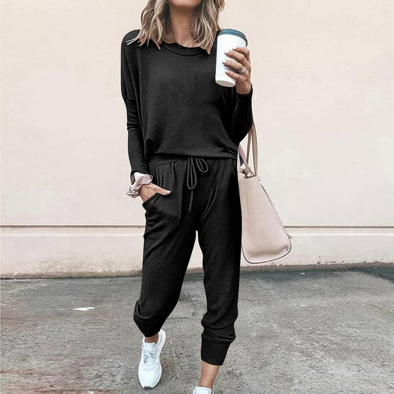 Lounge Wear Sets For Women 2 Piece Tracksuit Womens Full Set Oversized Solid Color Long Sleeve Shirts Jogger Sweatpants Track Sweatshirt Matching Pants Sets Holiday Outfits
