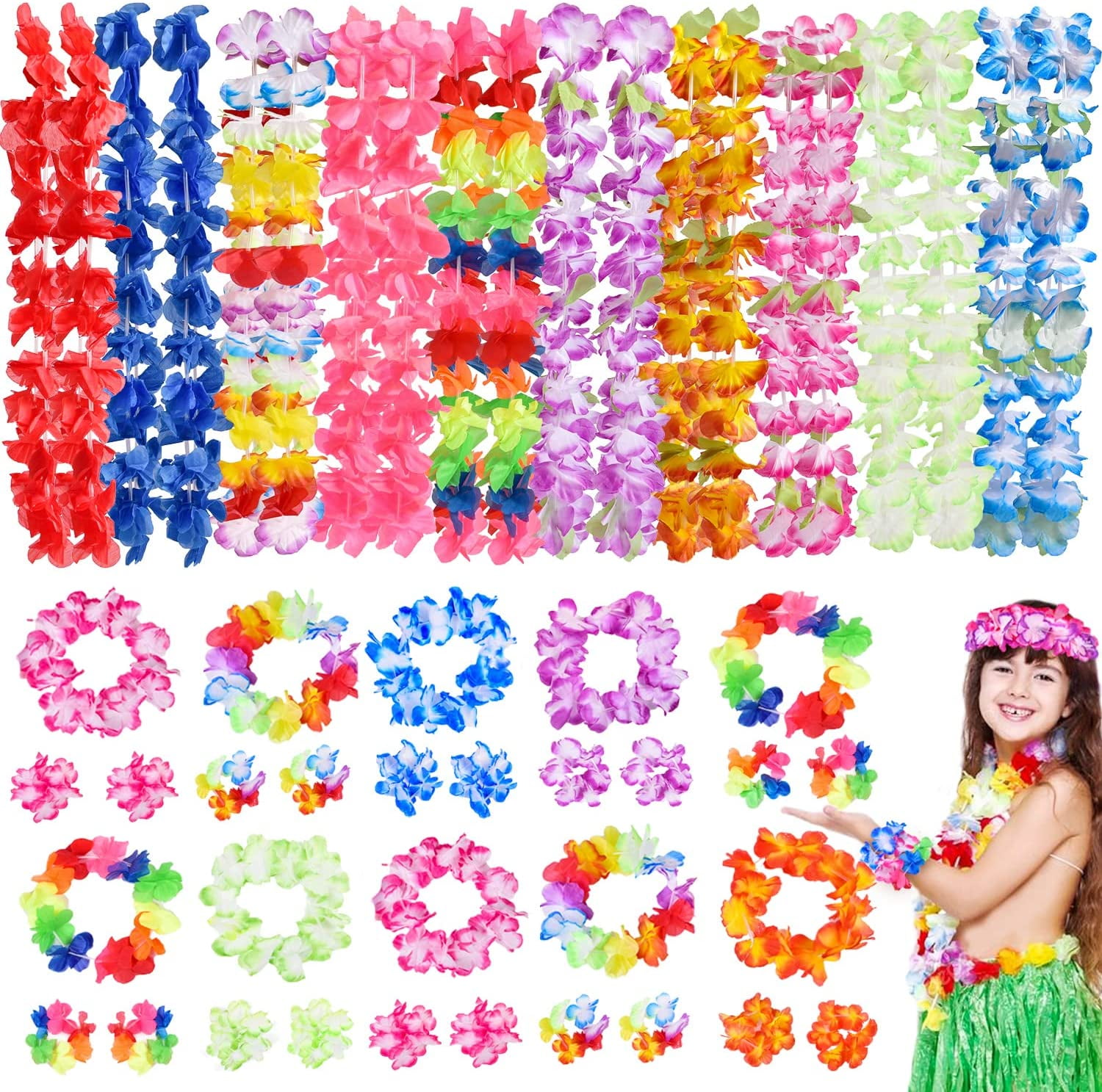 Fun Little Toys 80 Pcs Hawaiian Flower Series,Tropical Hawaiian Necklace, Headbands,  Wedding Birthday,Summer Party Decorations for Kids Adults
