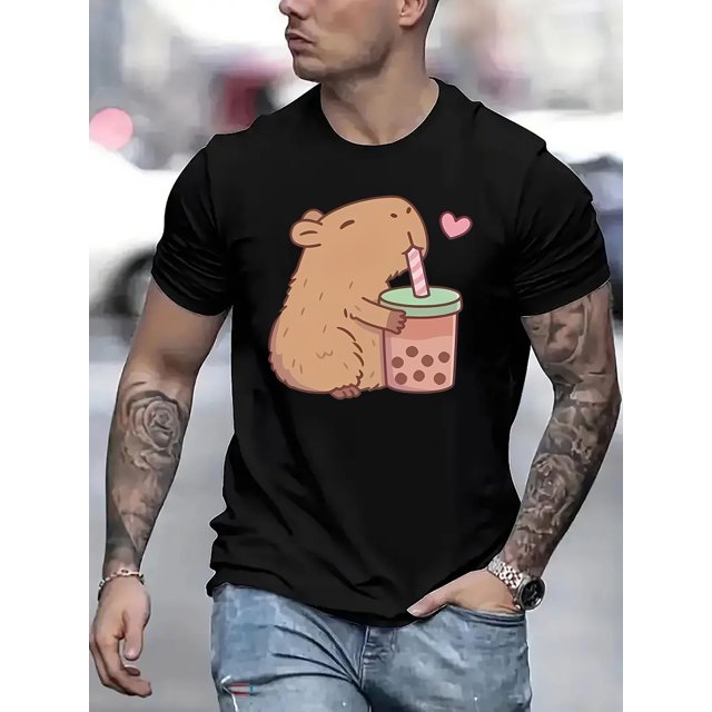 Men's Casual Capybara Drinking Boba Tea Graphic T-Shirt - Red Crew Neck Short Sleeve, Lightweight Polyester, Summer Relaxation & Outdoor Wear