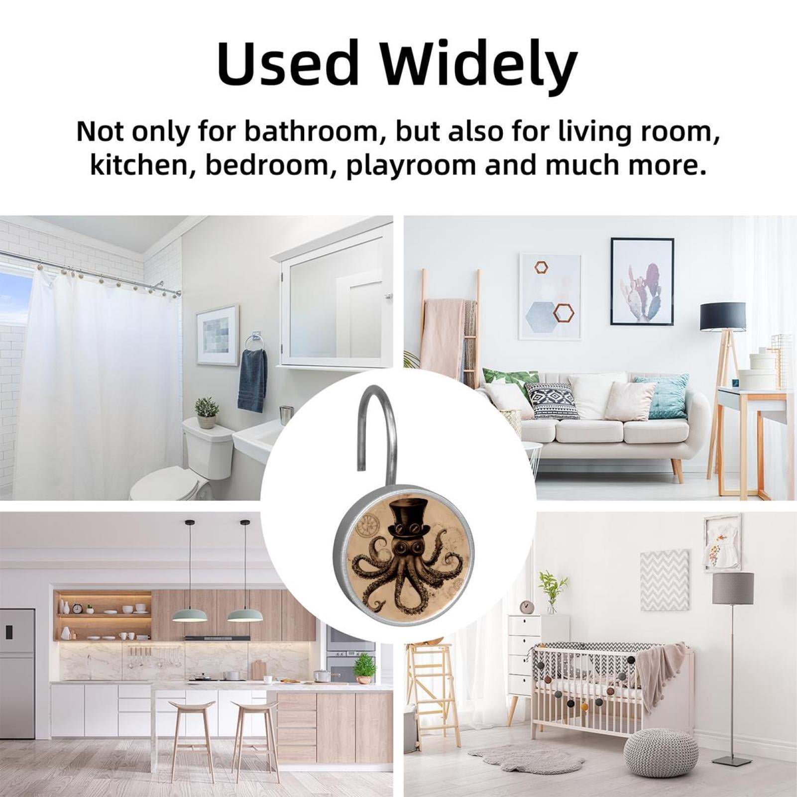 12pcs Decorative Shower Curtain Hooks, Rust Resistant Shower Rings for Bathroom Living Room,Rustproof Stainless Steel Rings for Shower Curtain and Liner Rods,Vintage Hat Octopus