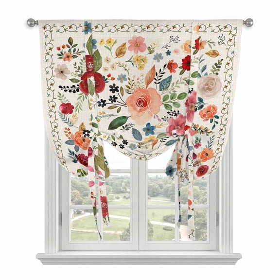 Watercolor Flowers Balloon Curtains 63 Inch Length for Living Room/Bedroom, Rustic Spring Floral Botanical Beige Rod Pocket Privacy Door Curtains Decorative Tie Up Shade for Window 52"x63"