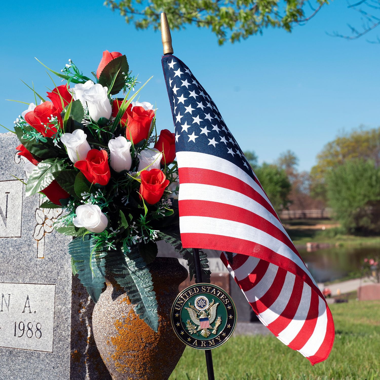 Allied Army Veteran Grave Marker With 30 Inch Tall American Cemetery Flag