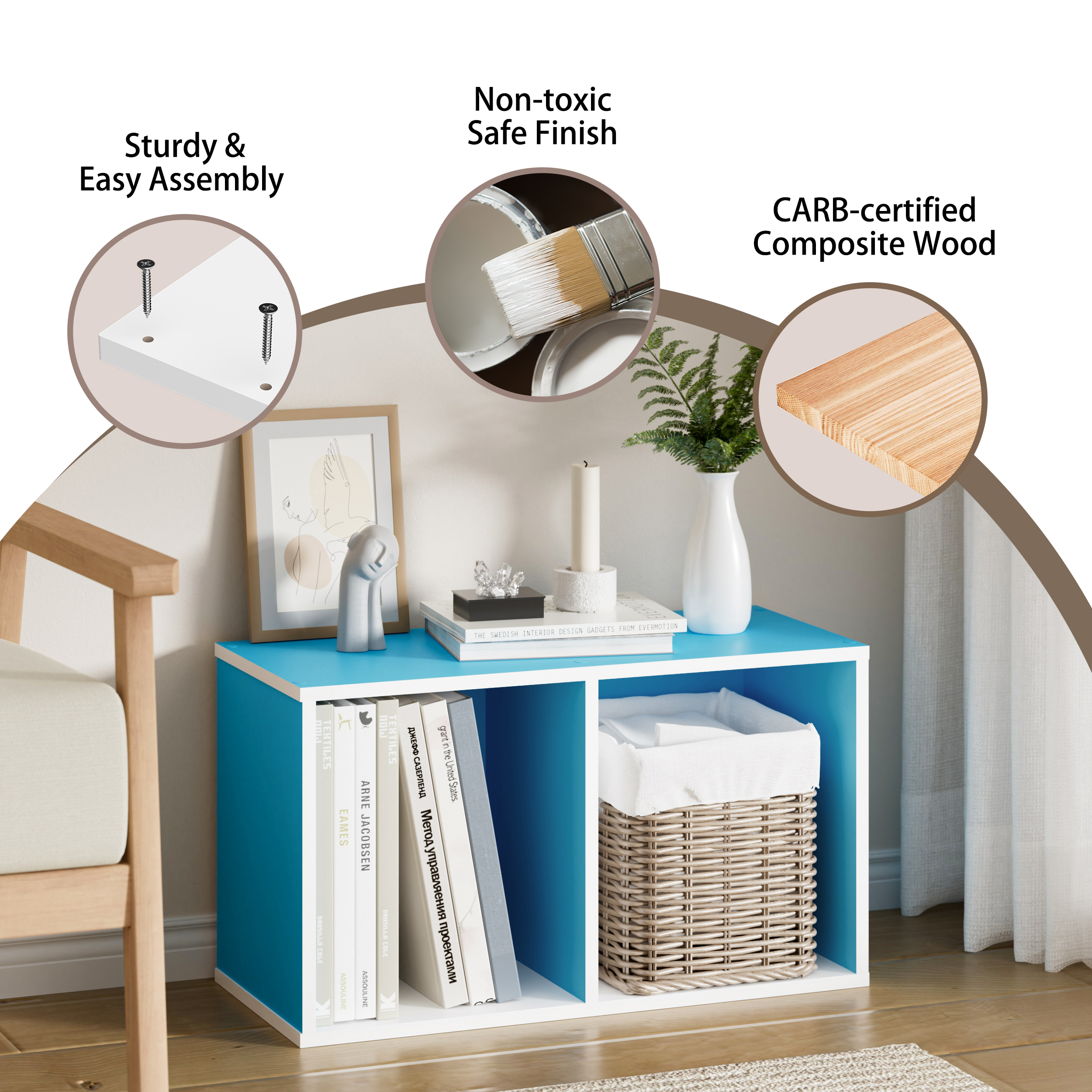 HOMLUX 9" x 12" x 21" Storage Shelf 2 Tier Cube Bookcase, Suitable for Small Space, White & Blue