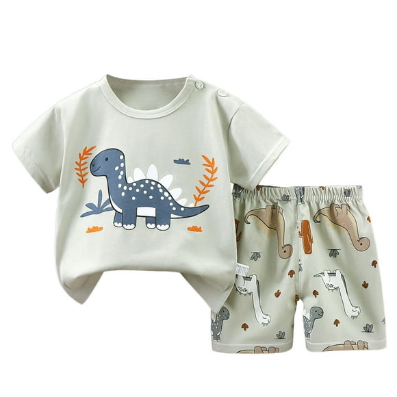 Ediodpoh Outfits Sets for Boys Summer Cute Cartoon Pattern Short Sleeved T Shirt Casual Shorts Boys Suit Two Piece Set Kids Clothing Set Light Green 3-4 Years