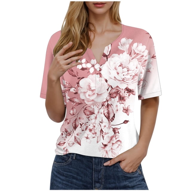 Blusas de Manga Corta para Mujeres Impresas Cuello Redondo Casual, Top de Algodón de Imitación para el Hogar Y el Uso Diario
