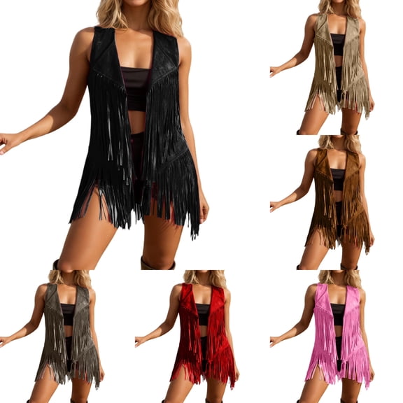 Women's Suede Fringe Cowgirl Vest Western Sleeveless Cardigan Jacket/Black/L