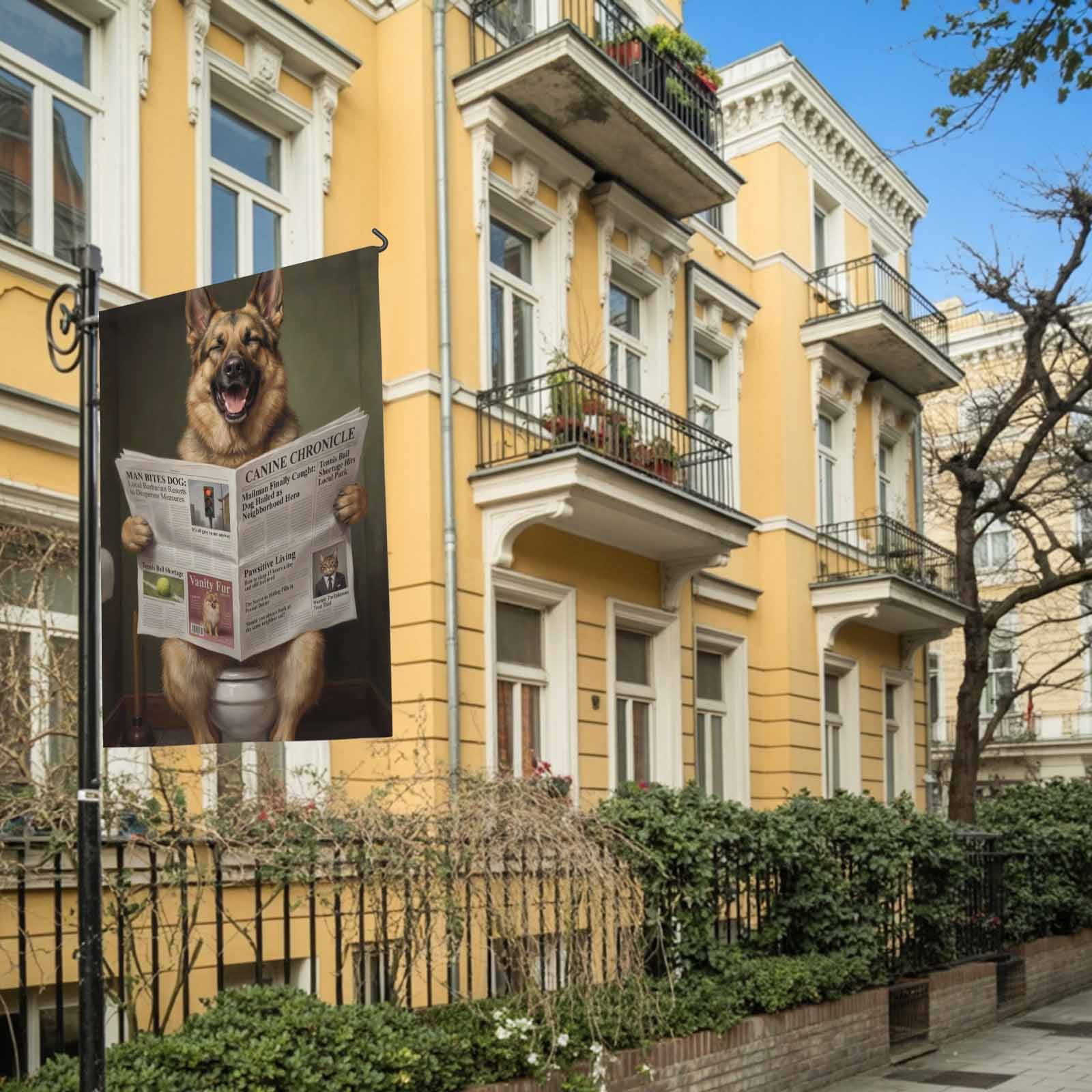 Funny Dog Puppy House Flag 28 x 40 Inches, Cute German Shepherd Cartoon Newspaper Toilet Weather Proof Outdoor Patio Flags Double Sided Small House Decoration for Yard Lawn Outside Home