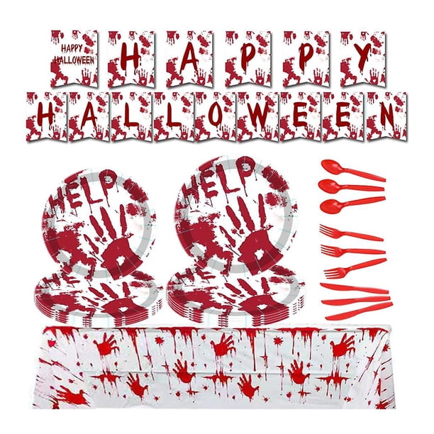 Bloody hand Vajilla desechable para fiesta de Halloween, platos de papel, servilletas, vasos, suministros