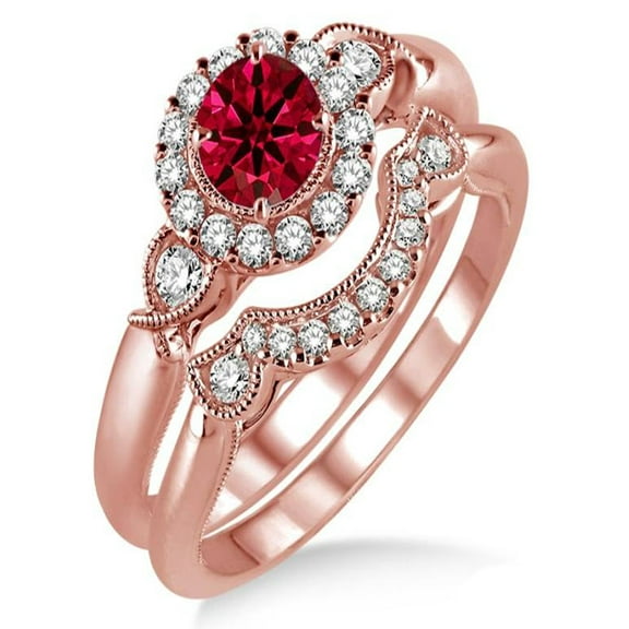 1.25 Carat Ruby & Diamond Antique Three Stone Flower Halo Bridal Set on 10k Rose Gold