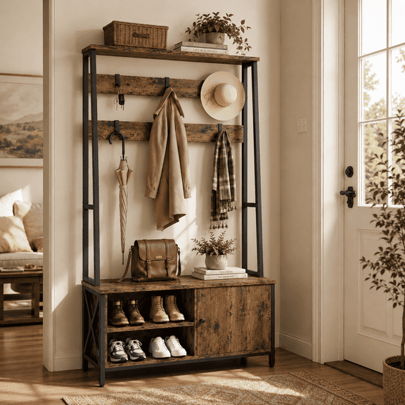 Vividwood Hall Tree Industrial Bench and Shoe Storage Coat Rack with 6 Hooks, Rustic Brown, 31.5 Inch Width