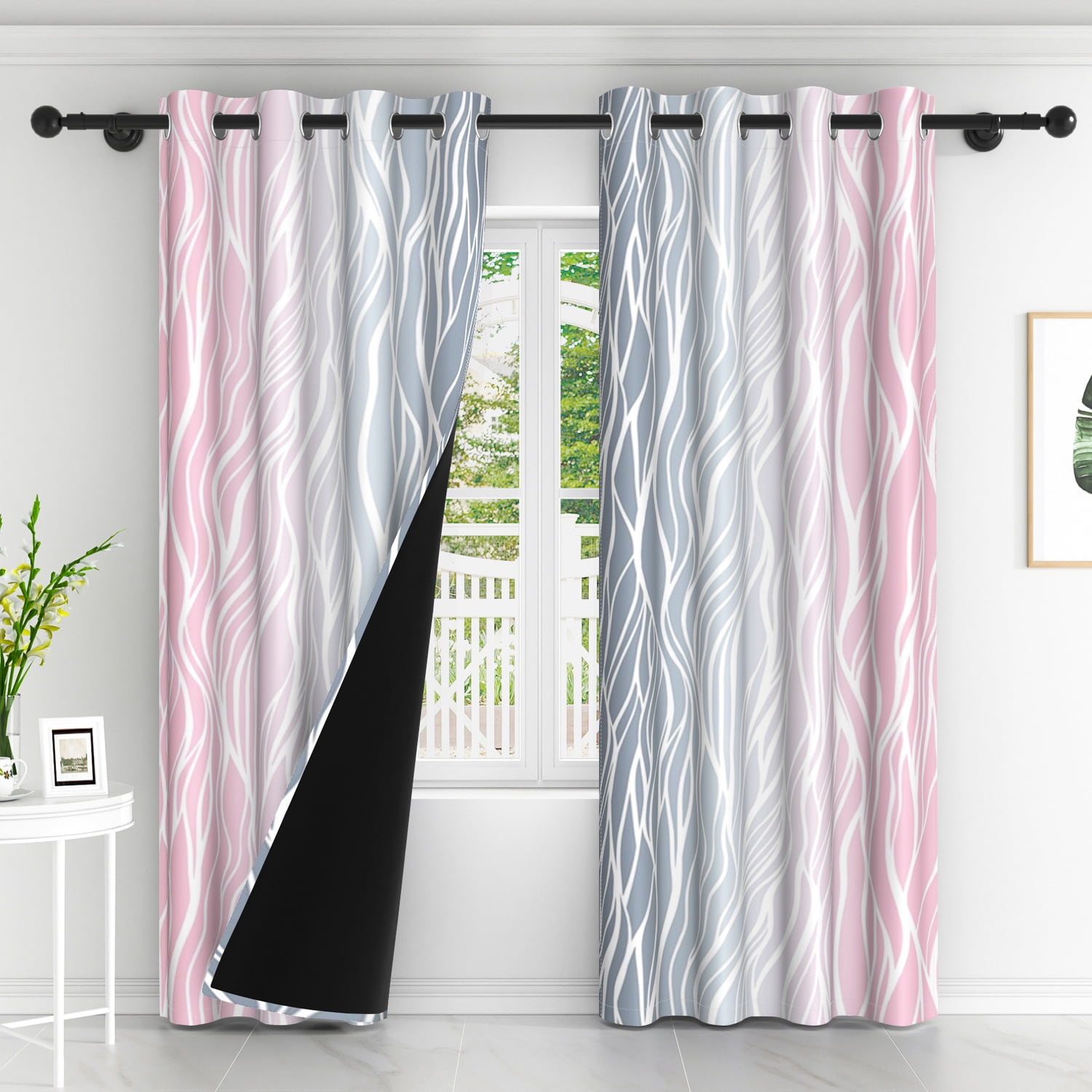 Lfeey Gradient Stripe Blackout Curtains, Grommet Curtains for Modern Living Room Bedroom, Gray Pink, 52x63 inch