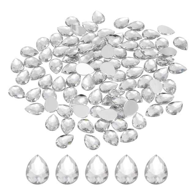 Uxcell 100Pcs Gemas Acrílicas de Gota de Agua de Fondo Plano 10x14mm Rhinestones Blanco Transparente