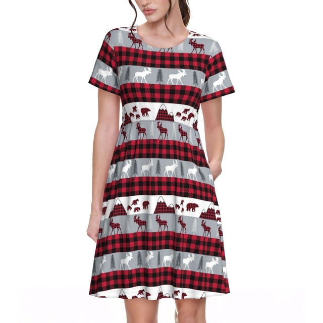 Balery Buffalo Plaid Forest Vestidos sueltos de manga corta para mujer, vestidos de verano 2025, vestidos casuales de corte A con vuelo.