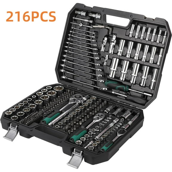 Ladcaser 216 PCS Tools Kit and Socket Set, Professional 1/4" 3/8" 1/2" Drive Socket Set, 72-Tooth Quick Release Ratchet, Tool Kit with Heavy-Duty Case for Automotive Home Repair