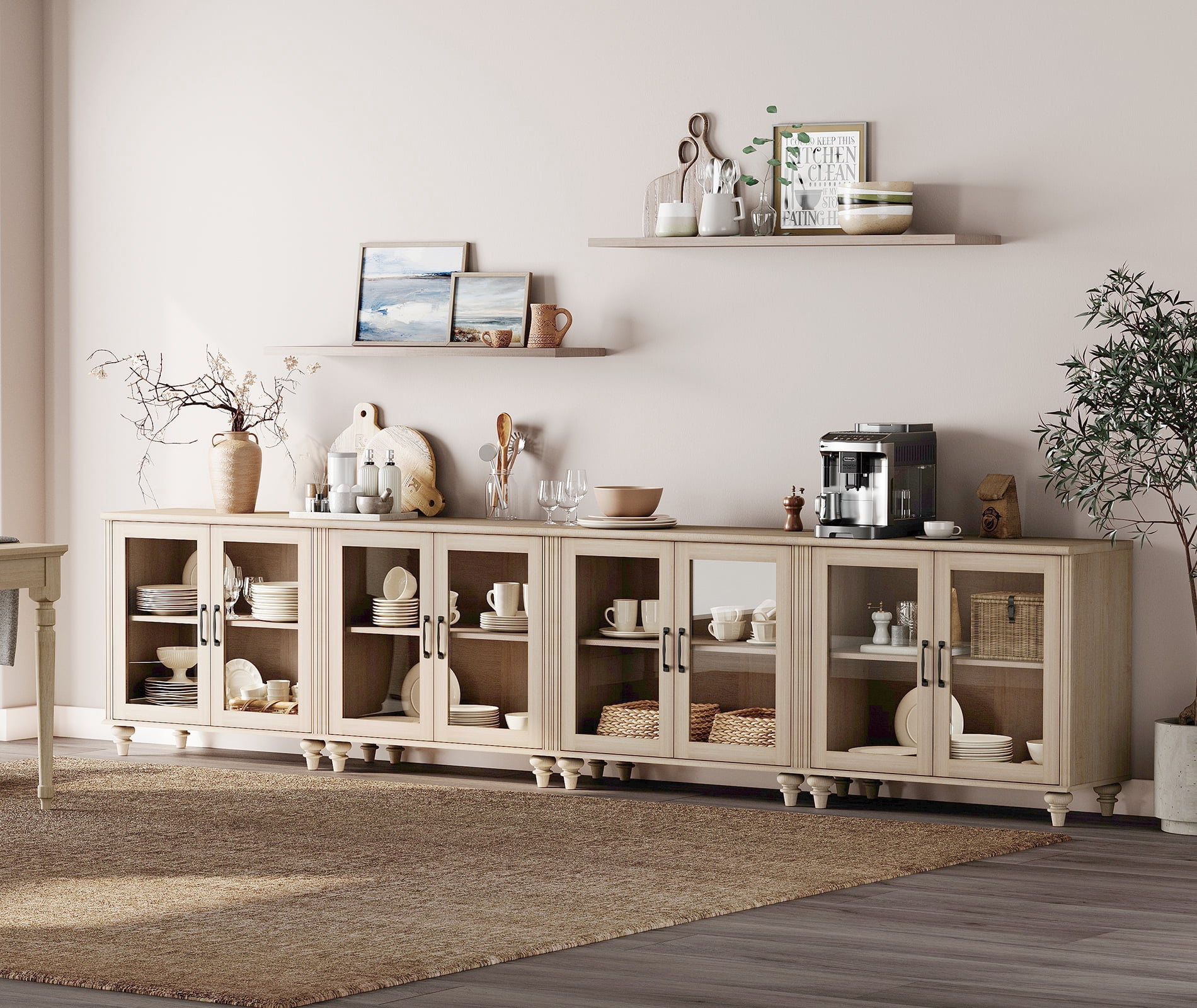 100" TV Stand, Ample Storage Cabinet with 8 Glass Doors, Wooden Entertainment Center Storage Cabinet for Living Room or Dining Room or Bedroom, Beige
