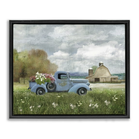 Stupell Industries Vintage Blue Truck in Meadow Landscape Painting Black Floater Framed Canvas Art Print Wall Art, 21 x 17