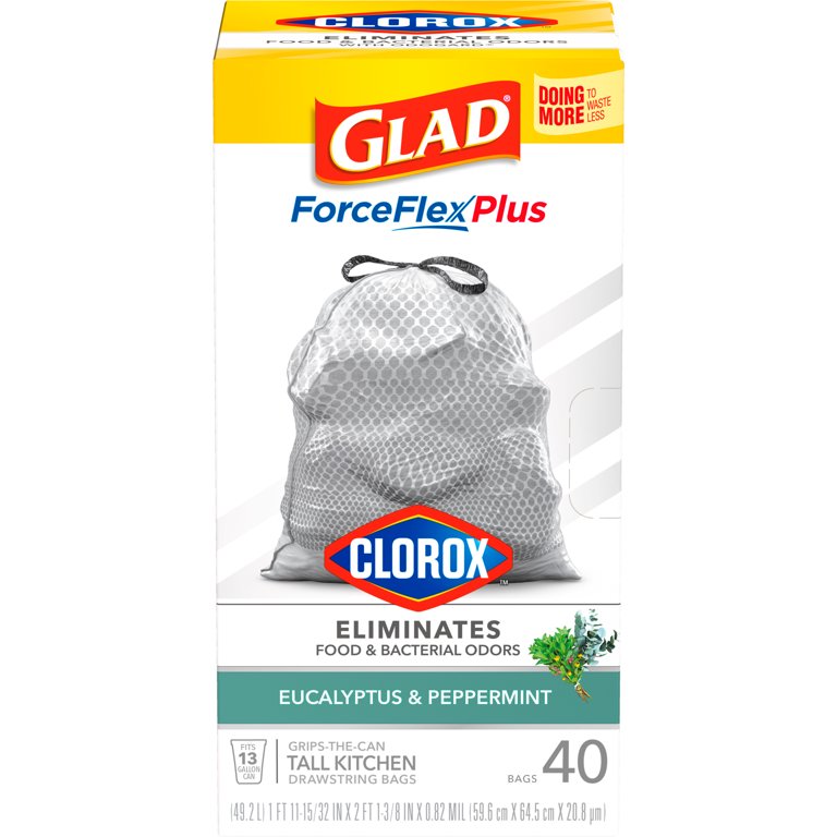 Glad with Clorox ForceFlexPlus 13 Gallon Kitchen Trash Bags, Eucalyptus  Peppermint, 40 Bags 
