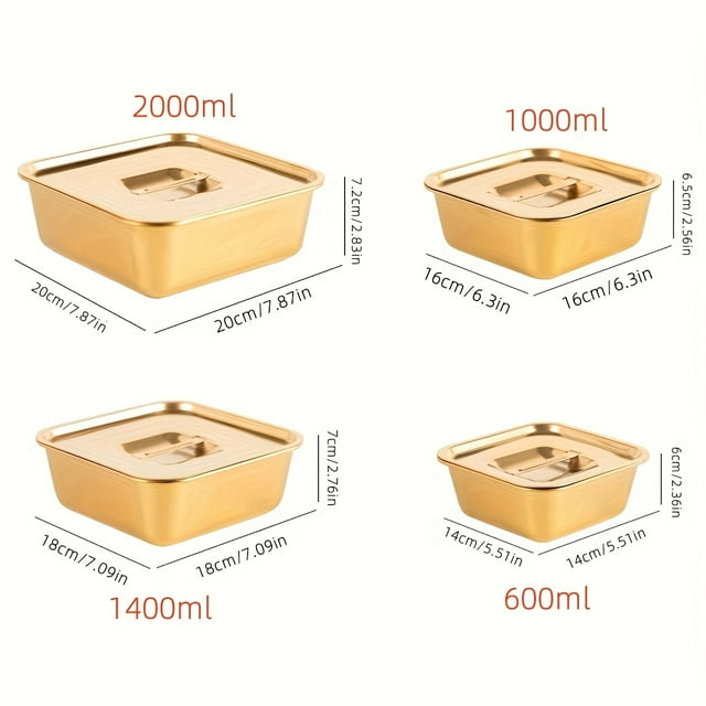 JUNWELL 4pcs Golden Stainless Steel Square Bowl with Lid Set Golden Metal Salad Bowl with Lid Can Be Used for Food Preparation Storage And Serving Rice Ice Cream Fruit Salad Can Al