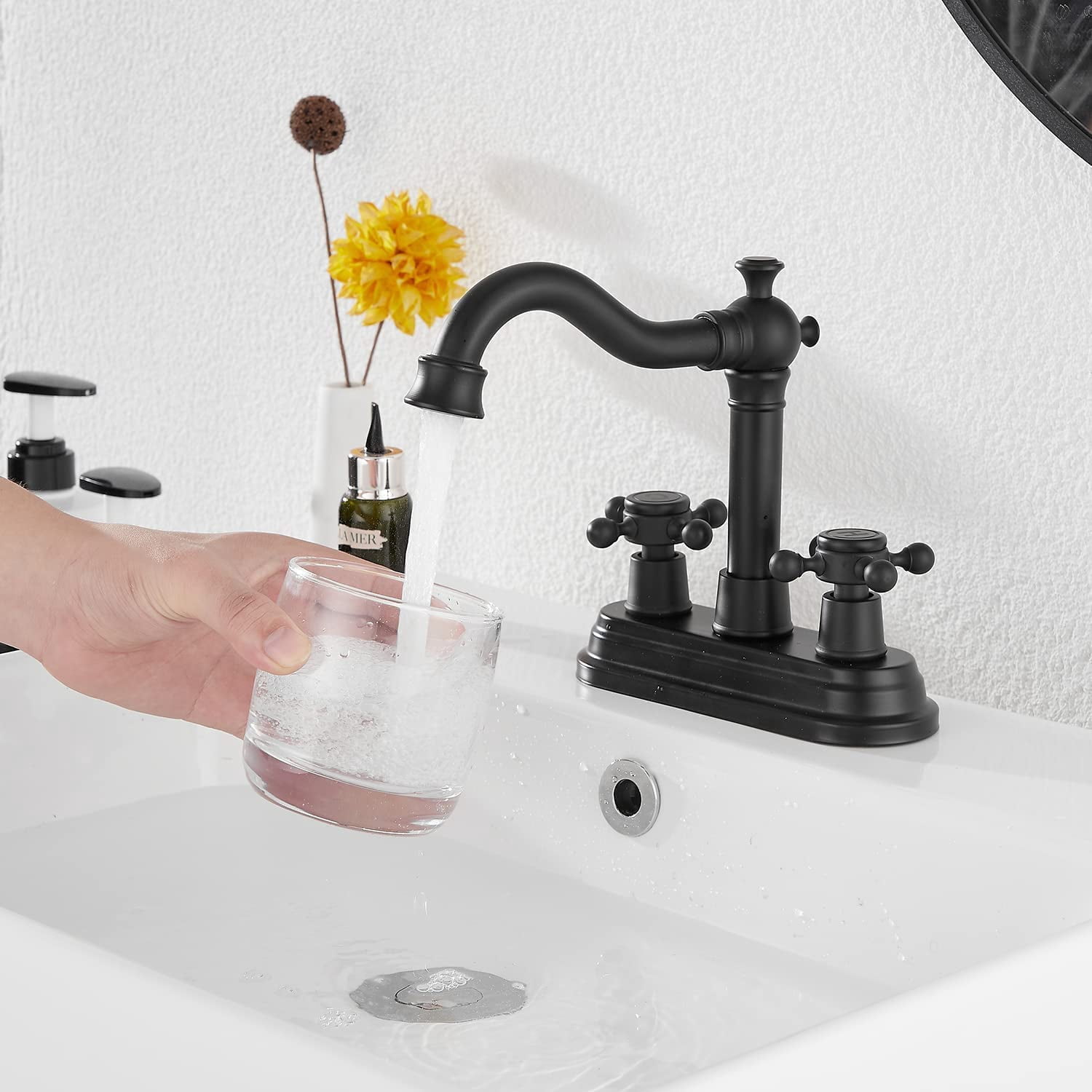 GGStudy Bathroom Faucet Matte Black 2 Handles 4 Inches Centerset RV Black Bathroom Vanity Faucet with Drain Assembly and Supply Hose Lavatory Faucet Mixer Double Handle Tap