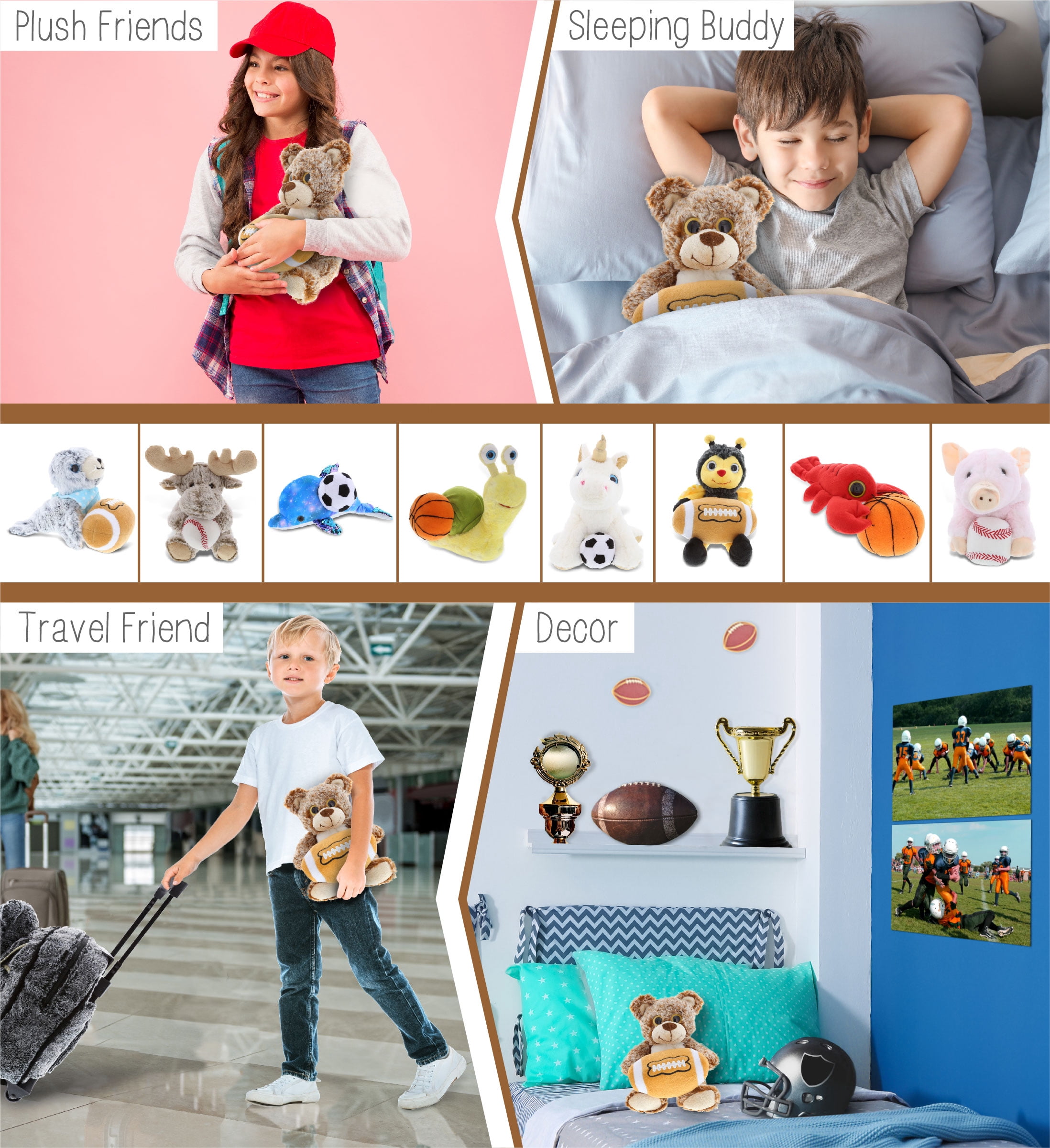 DolliBu Sitting Brown Bear Stuffed Animal with Football Plush - Soft Plush Huggable Bear, Adorable Playtime Plush Toy, Cute Wildlife Gift, Football Plush Animal Toy for Kids and Adults - 9 Inch