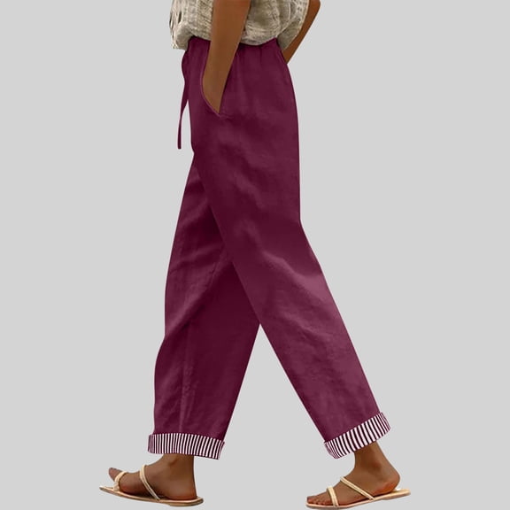 HongQid Linen Pants Women Ankle Cropped Trouser High Waisted Cropped Pull On Elastic Waist Summer Pants with Pockets