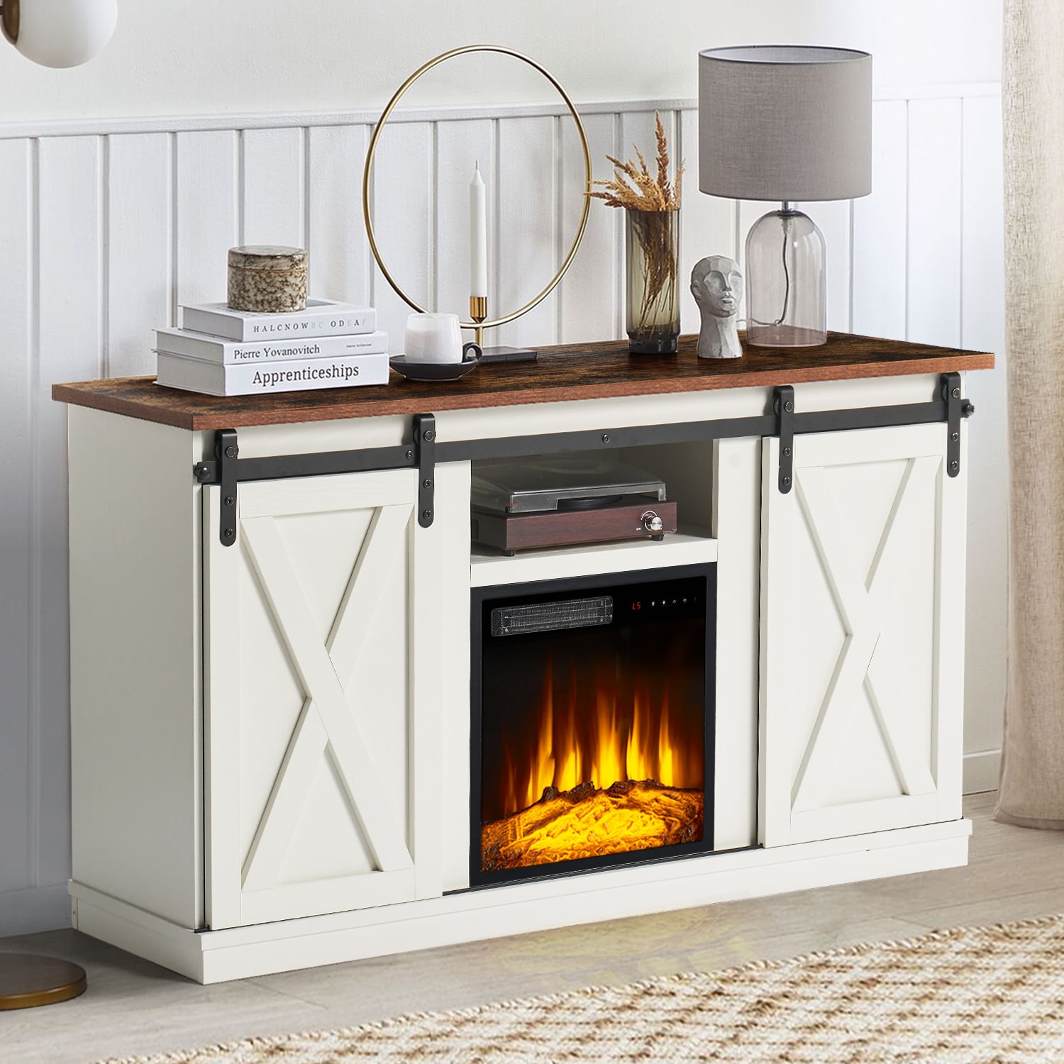 BaPiPro Fireplace TV Stand, Farmhouse Barn Door TV Stand for TVs up to