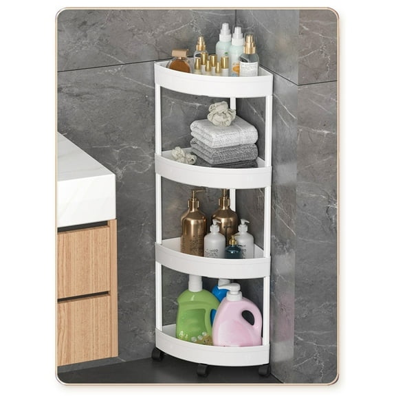 Hovmgk Corner Storage Shelf, Bathroom Organizer with 4 Detachable Tiers & Rolling Wheels, Drainage Holes for Wet Areas, Space-Saving Black/White Shelf for Toiletries, Cosmetics & Small Items