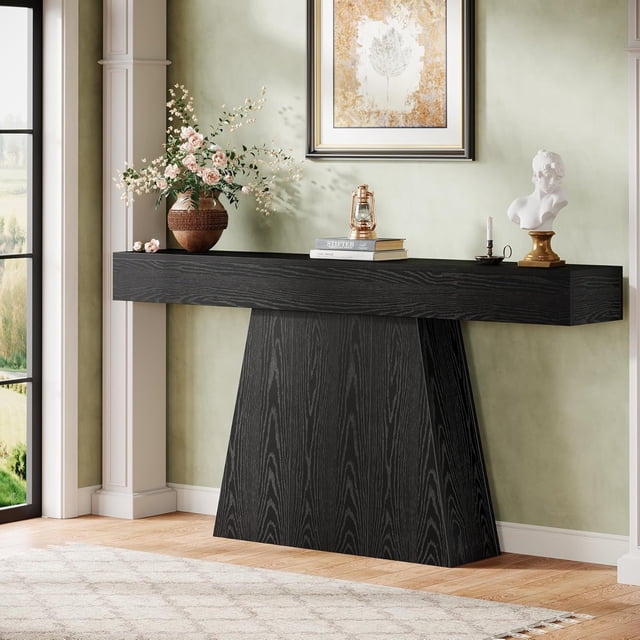 63" Farmhouse Entryway Table, Black Console Table with Trapezoidal Base