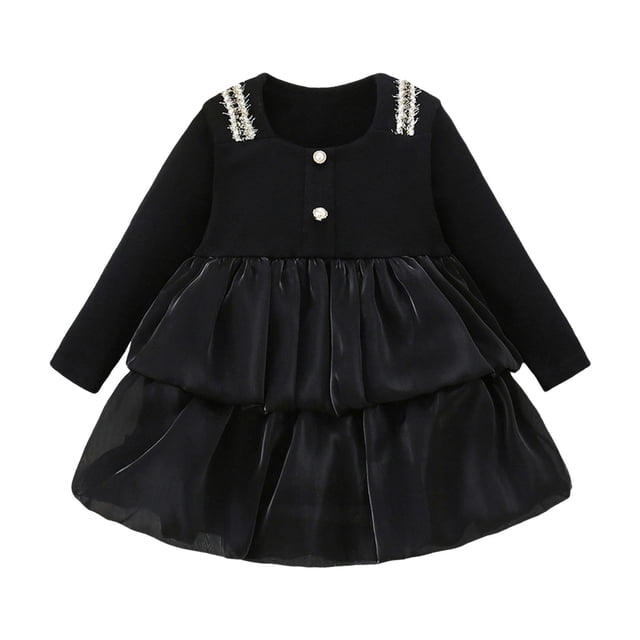 HBFAGFB Robe Fille Tout-Petit Col à Revers Manches Longues Volants Robe de Danse Fête Mignonne Jupe en Maille Noire Taille 8