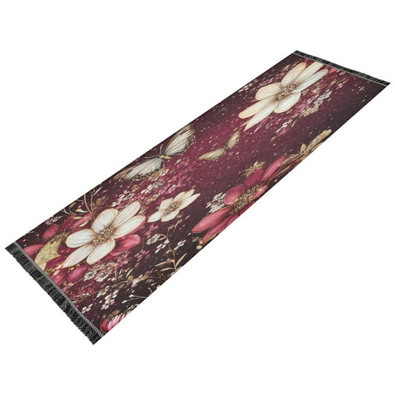 BZSMCE Runner Rug Classical Design Blossoms and Butterflies on Burgundy Style Modern Pattern 72x23.5in Indoor Washable Rug