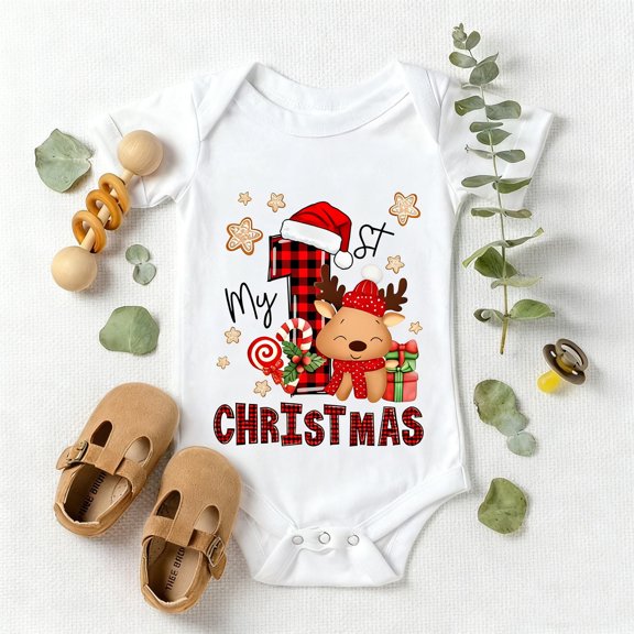 My First Christmas Baby Bodysuit, Festive Santa Reindeer & Plaid Print Romper, Soft Newborn Outfit, Perfect Holiday Gift & Season's Keepsa