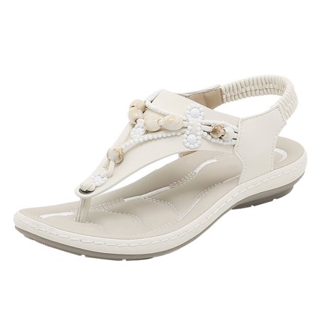 

SEMIMAY Summer Fashion Women Casual Open Toe Flat Rhinestone Soft Bottom Breathable Elastic Band Shoes Sandals Beige