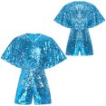 thumbnail image 4 of iefiel Girls Sequins Jumpsuits Sparkly Rompers V Neck Cap Sleeve Pageant Party Disco Dance Outfits Light Blue 12, 4 of 5
