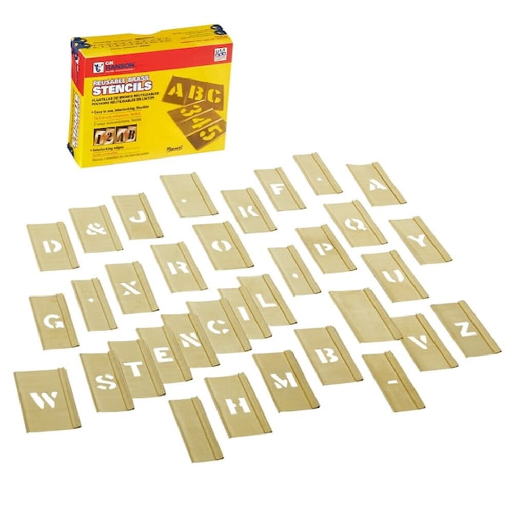 Stencil, Combination Set, Letters, 1/2 in Character Height, Gothic Font, Brass, Gold, 33 Pieces