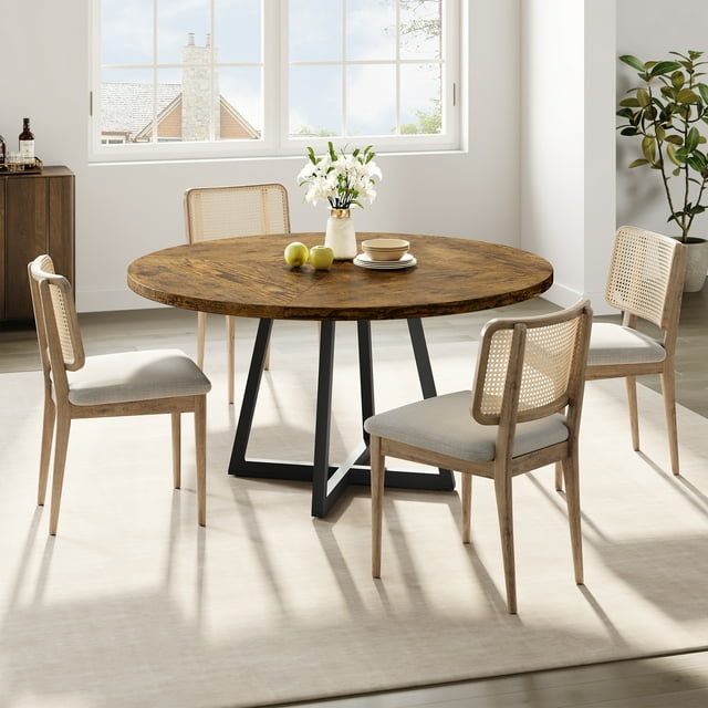 47" Round Farmhouse Dining Table for 4-6, Rustic Wooden Kitchen Table with 300 lb Capacity, Adjustable Anti-Slip Legs – Black Ash / Light Ivory / Gray / Retro Color
