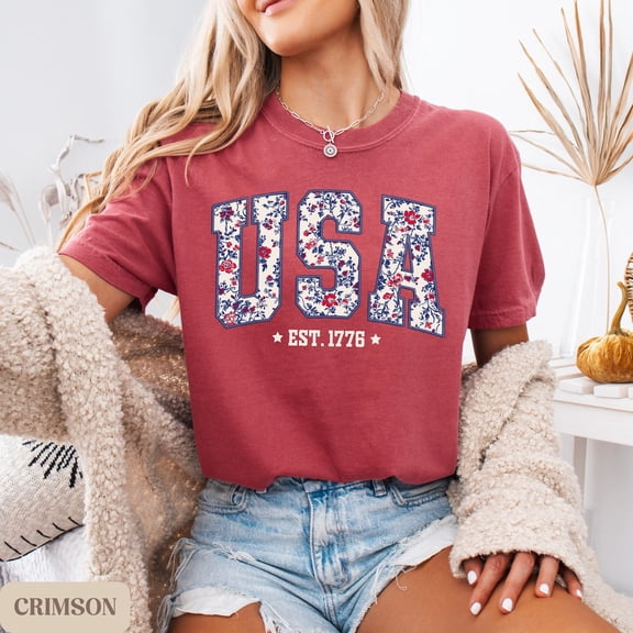 USA Floral T-Shirt, Cute 4th of July Comfort Colors Tee, USA Est 1776 Patriotic Shirt, Independence Day Gift