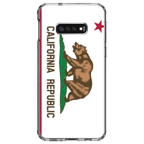 DistinctInk Clear Shockproof Hybrid Case for Samsung Galaxy S10e (5.8" Screen) - TPU Bumper, Acrylic Back, Tempered Glass Screen Protector - California State Flag - US State Flag