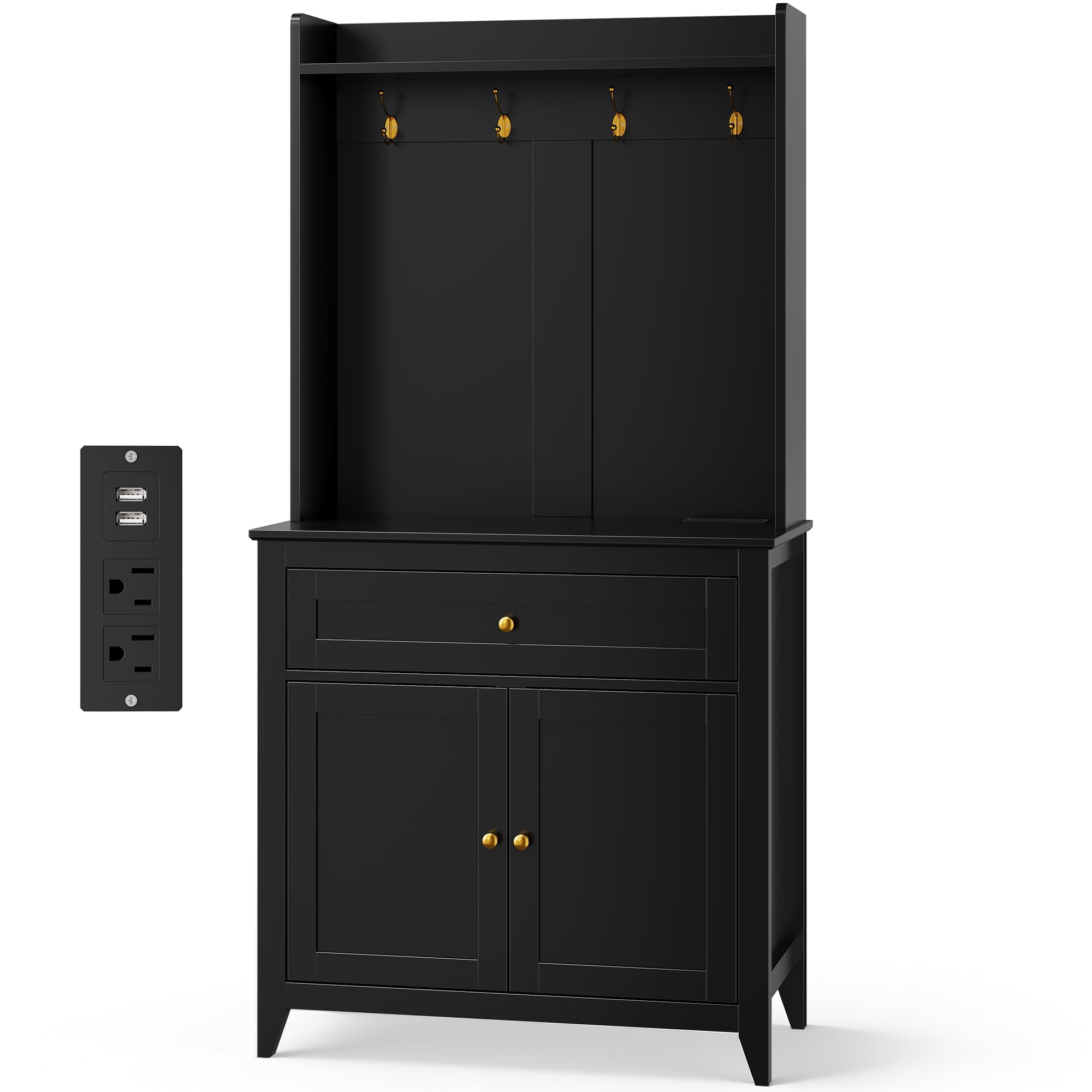63" Pantry Cabinet, Kitchen Pantry Storage Cabinet with Outlet, Kitchen Hutch with Microwave Shelf & 4 Hooks, Door Shelves & Drawer & Adjustable Shelves, for Dining Room